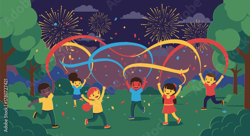 Children Celebrating with Fireworks in a Forest at Night.