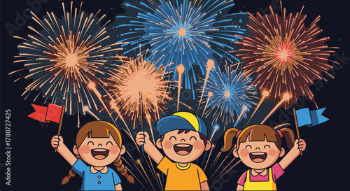 Children Celebrating with Fireworks Display.
