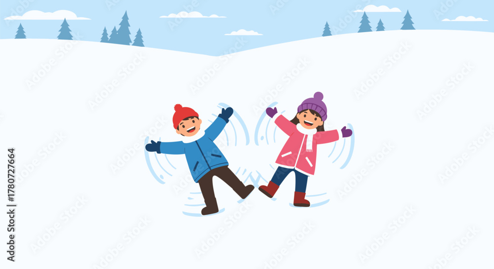Obraz premium Children Making Snow Angels in Winter Landscape.