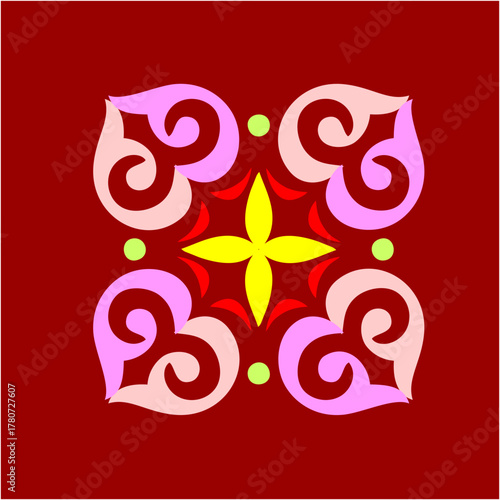 A vivid geometric floral pattern with yellow petals, pink swirls, and green dots on a red canvas, radiating warmth, joy, and harmony.