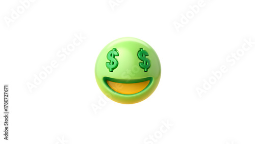 3d icon of a 3d rendered emoji face with a green background and dollar signs for eyes, conveying wealth and riches, isolated on transparent background, 3d abstract shape