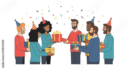 A group of six people in party hats exchanging gifts under falling confetti