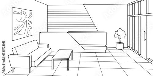 Reception in the office room graphic black white interior sketch illustration vector 