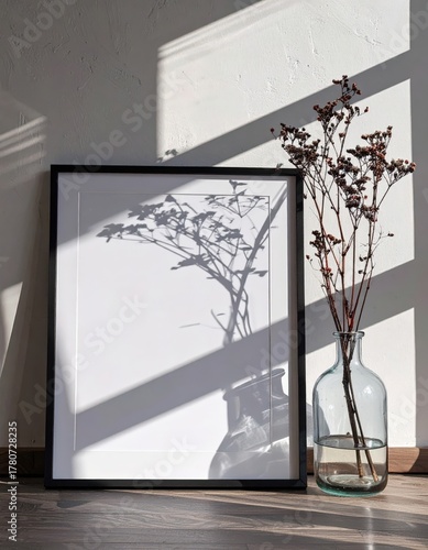 Minimalist black frame mockup with plant shadow and sunlight on a white wall next to a glass vase with dried flowers.