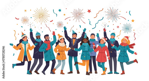 Group celebrates under fireworks wearing winter clothes and party hats