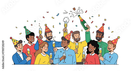 Group celebrates popping champagne with confetti and party hats