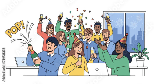 Group celebrating with champagne confetti  party hats City skyline visible