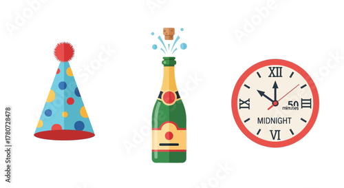 Icons of a party hat champagne bottle popping and a clock approaching midnight