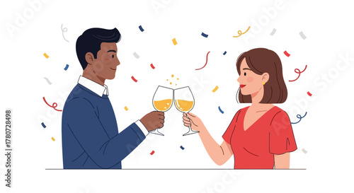 Illustration of a couple toasting with champagne amid confetti on a white background
