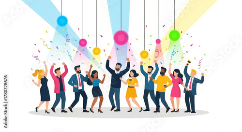 People celebrate under colored spotlights amid falling confetti and streamers