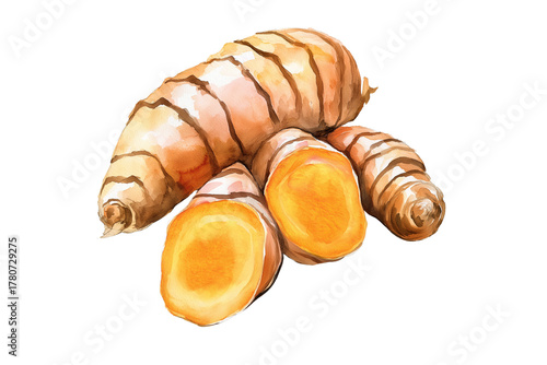 Turmeric Root Watercolor Illustration Isolated on Transparent Background