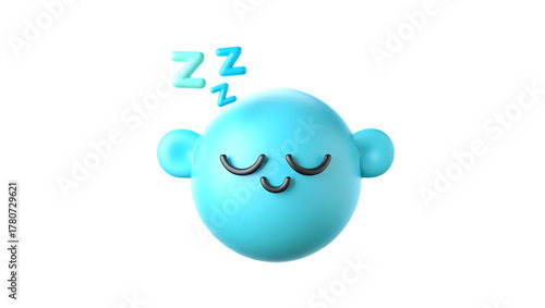 3d icon of a cute blue emoji character sleeping with closed eyes and a smile, with zzz symbols floating above its head, isolated on transparent background, 3d abstract shape