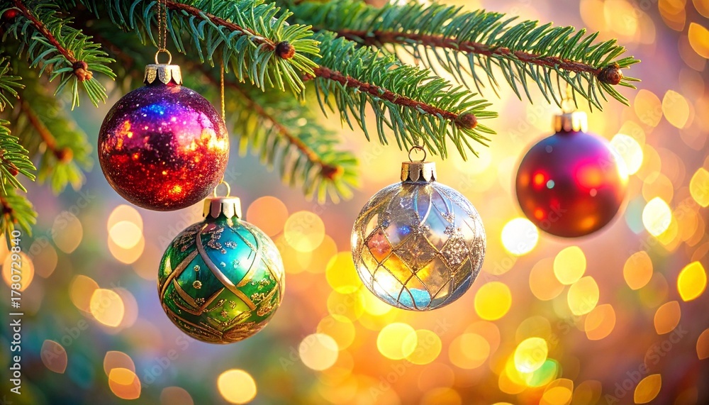 Obraz premium Festive Christmas ornaments hanging from a pine tree with a blurred bokeh background