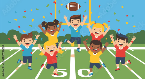 Excited Children Celebrating a Football Game Victory on the Field.