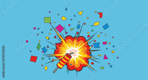 Exploding Firecracker with Confetti and Bursting Light.