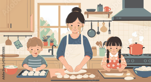 Family Baking Together in a Cozy Kitchen Illustration.