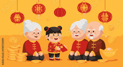 Family Celebrating Chinese New Year with Lanterns and Gold.