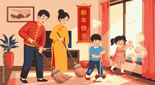 Family Cleaning Home for Chinese New Year Celebration.