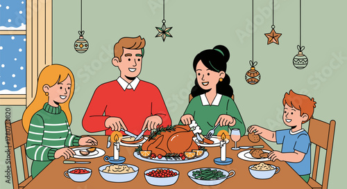 Family Enjoying Thanksgiving Dinner Together at Home.