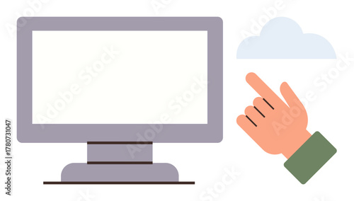 Desktop monitor next to a hand pointing at a cloud shape, symbolizing online connectivity and digital data storage. Ideal for technology, cloud computing, internet access, innovation, data sharing