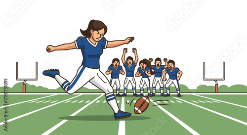Female Football Player Kicking Ball with Team Cheering.