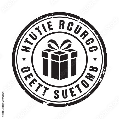 Black and white circular stamp with gift box illustration and text