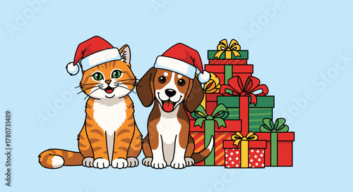 Festive Cat and Dog with Christmas Gifts Illustration.
