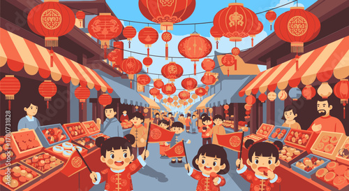 Festive Chinese New Year Market Scene with Lanterns and Children.