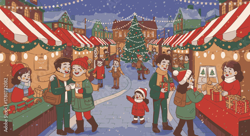 Festive Christmas Market Scene with People and Decorations.
