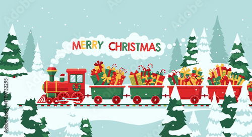 Festive Christmas Train Carrying Gifts Through Snowy Winter Landscape.