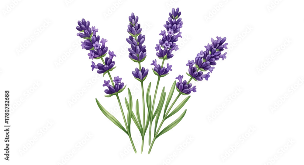 Fototapeta premium Beautiful bouquet of purple lavender flowers with green stems isolated on transparent background
