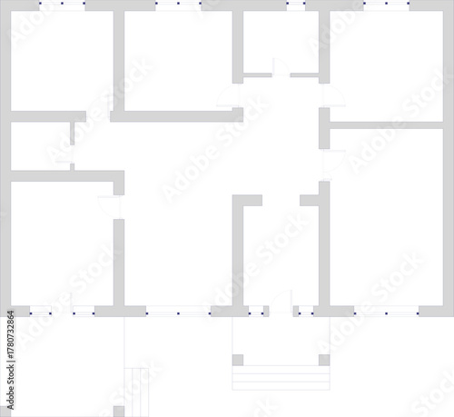 Minimalist vector floor plan outline of an empty single-story house layout with stairs and thick gray walls. Architectural template.