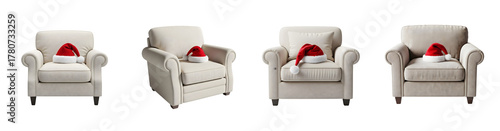 Four Beige Armchairs With Red Santa Hats Isolated Transparent Background Furniture Transparent Background