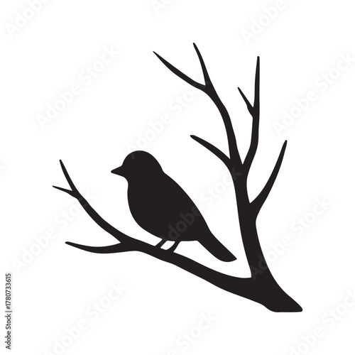 Bird on a bare branch silhouette, a simple vector for winter quietness and nature, isolated on a white background