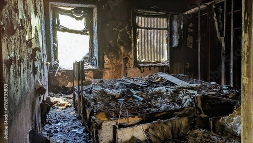 Fire damaged bedroom, arson aftermath. Melted bed, twisted metal, bare springs. Charred room walls, peeling wallpaper. Scene of destruction, danger, death, disaster. Evidence of blaze, burnt remains.