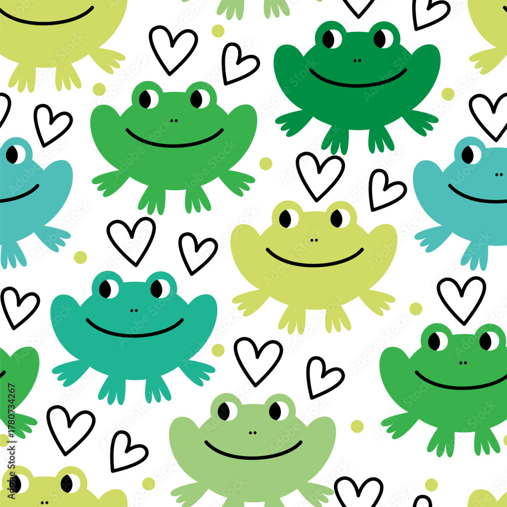 Obraz premium Vector seamless pattern with funny frogs of different green colors