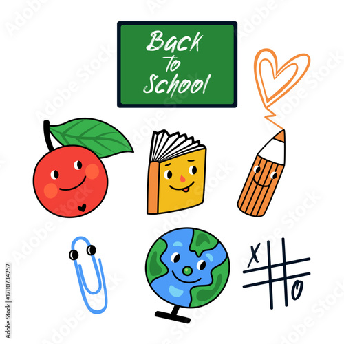 Vector set of Back to School illustrations with globe, apple, book, pencil