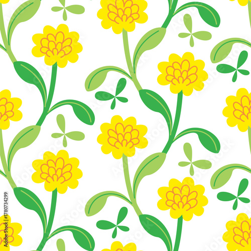 Vector seamless pattern with decorative yellow flowers intertwined in an ornament.