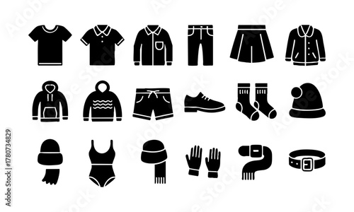 Fashion clothing silhouette icons on white background vector set illustration, easily editable.
