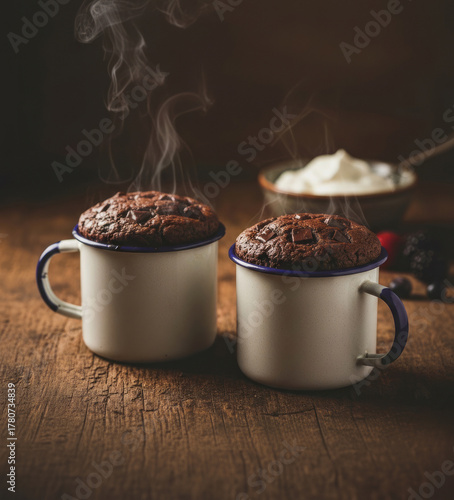 Two steaming chocolate mug cakes baked in white enamel camping mugs on rustic wood, with cream in the background. Moody, cozy cabin dessert feel.