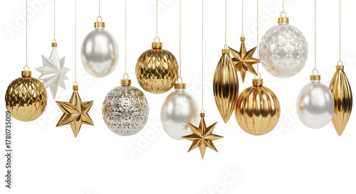 Collection of elegant gold and silver christmas ornaments hanging isolated on transparent background