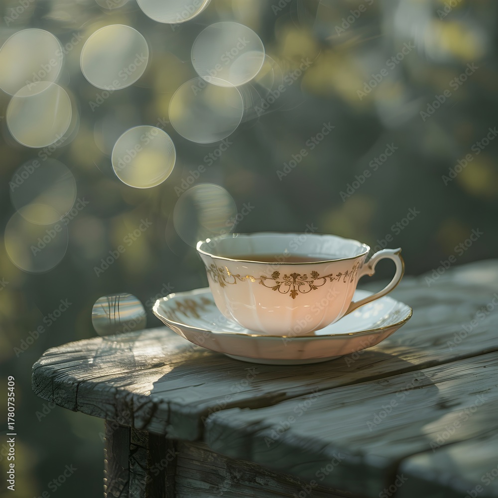 Fototapeta premium Elegant porcelain teacup on rustic wooden table with golden sunlight bokeh — vintage tea setting, serene outdoor still life for relaxation, mindfulness, and lifestyle design concepts 