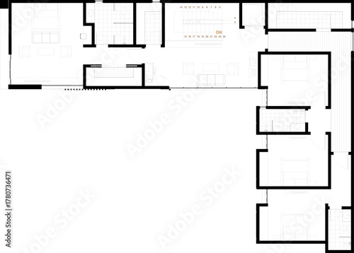 Vector floor plan of a large, complex house/apartment layout with stairs, thick walls, and furniture outlines. Architectural CAD drawing.