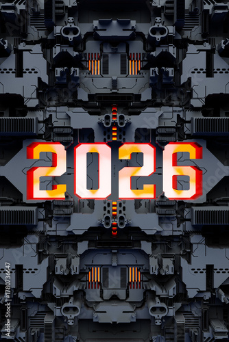 3D illustration Abstract geometric tech pattern with  futuristic tech postcard with the year 2026. Grunge textured wallpaper. Geometric repeating background for a boy, sports textiles, clothes