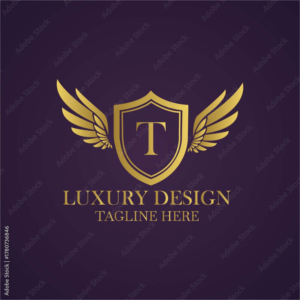 Obraz premium Elegant golden logo design with letter t, wings and shield on a dark purple background luxury design