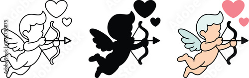 Flying Cupid aiming his bow and arrow shown as a line drawing, a black silhouette and a color vector illustration