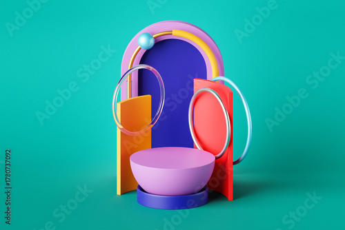 3d illustration of a  circle podium stand on the background of a geometric composition. 3d rendering. Minimalism geometry background