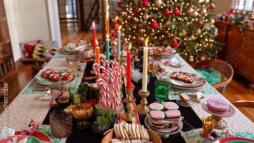 Festive holiday dining table with candles, sweets, and Christmas decorations