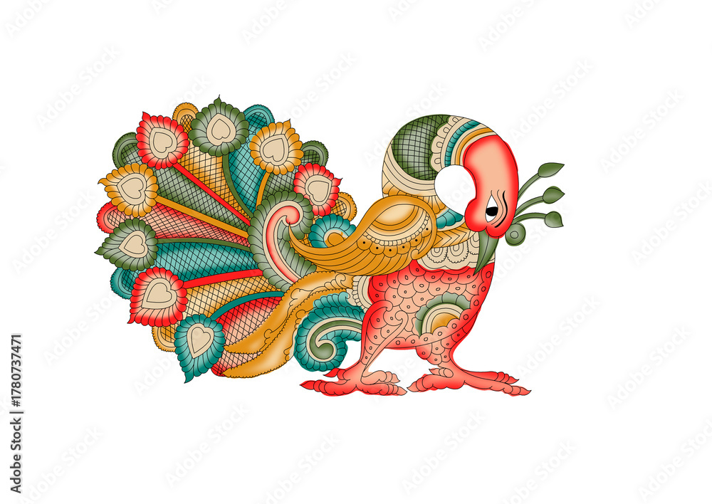 Naklejka premium Detailed Indian Folk Peacock Illustration PNG | Ethnic Decorative Bird Art with Shadow Detailing...