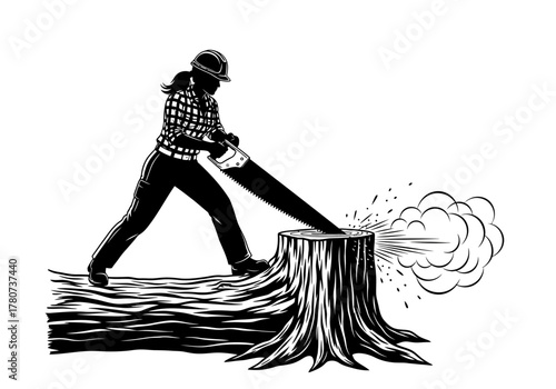 Man cutting down tree with chainsaw in forest landscape from side view